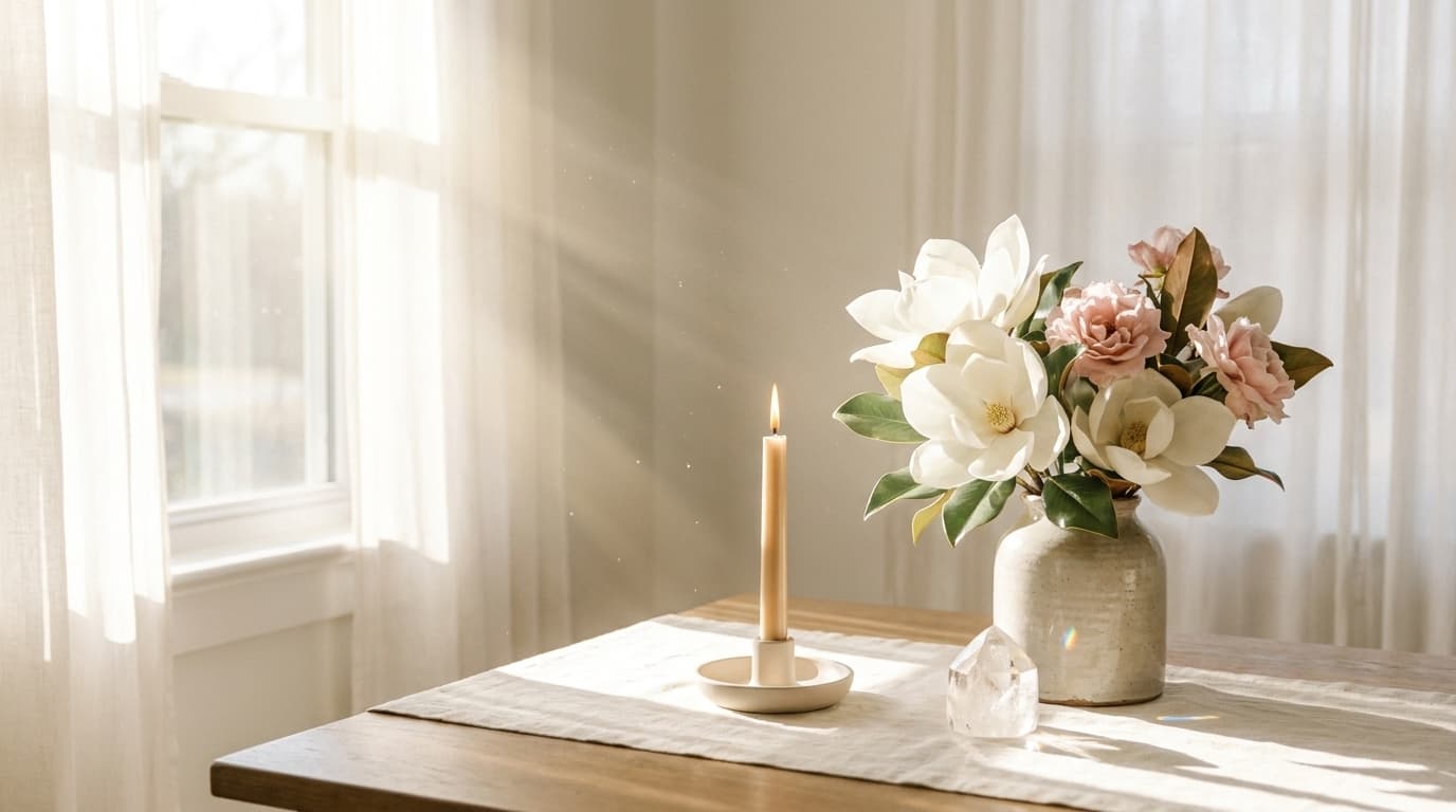 Ein heller, ruhiger Raum mit sanft leuchtender Kerze, Magnolien und einem klaren Kristall im Morgenlicht — der geschützte Raum der Einzelsitzung