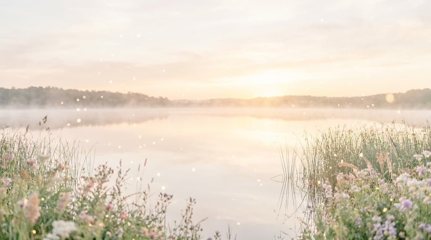 Erstes goldenes Morgenlicht über einem stillen, spiegelglatten See mit zarten Wildblumen — der Anfang der Reise