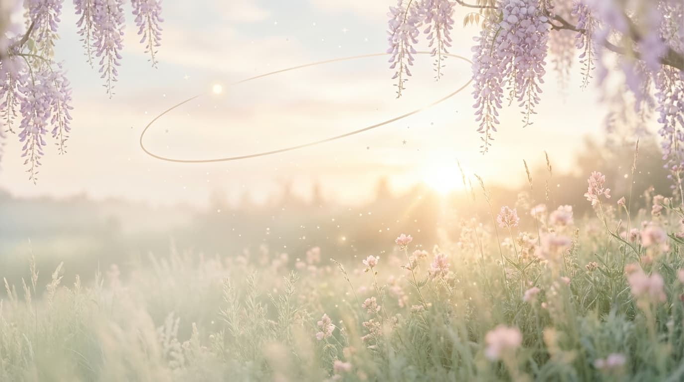 Eine lichte Morgenwiese mit Wisteria und zarten Blüten im weichen Sonnenaufgang — eine goldene Seelenbahn zieht durch den hellen Himmel